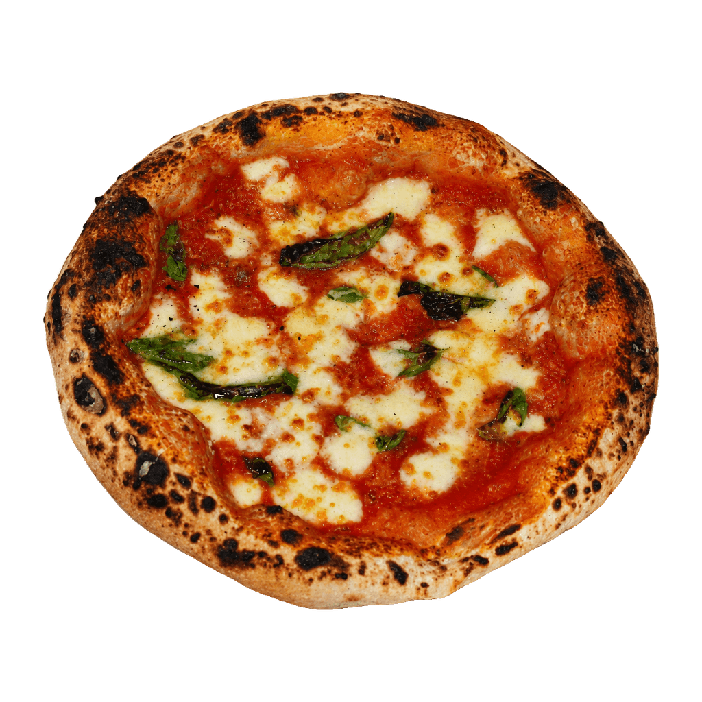 A wood-fired Margherita pizza from Naples in a Box, top-down view with leopard-charred crust, San Marzano tomatoes, mozzarella, and fresh basil.